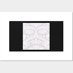 White on Warm Grey Medieval Damask Scrolls Posters and Art